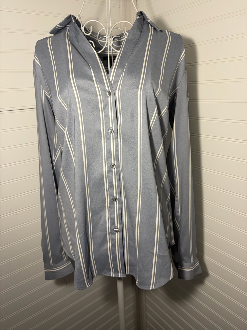 Ann Taylor Blue Stripe Button-Down Blouse - Picture 3 of 9